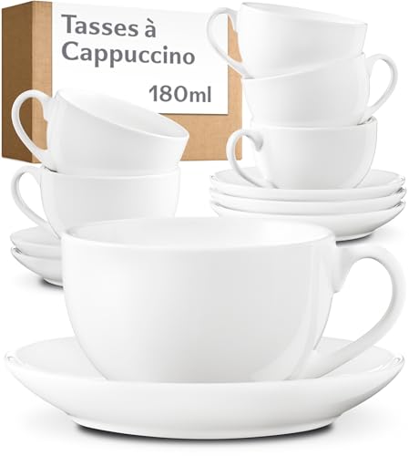 Cosumy Set de 6 Tasses à Cappuccino Blanches avec Soucoupes - Service A Café en Céramique 180 ml - Lavable au Lave-vaisselle - Boîte Cadeau Incluse -...