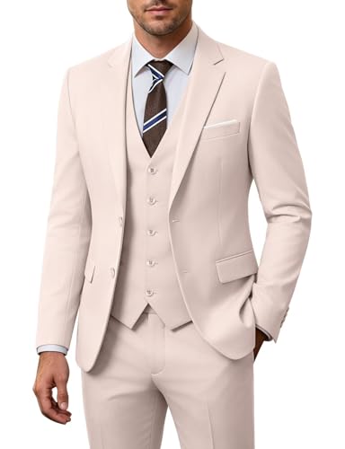 Image of Men's 3 Piece Slim Fit Suit Set, Two Button Blazer Solid Jacket Vest Pants Wedding Business Suit
