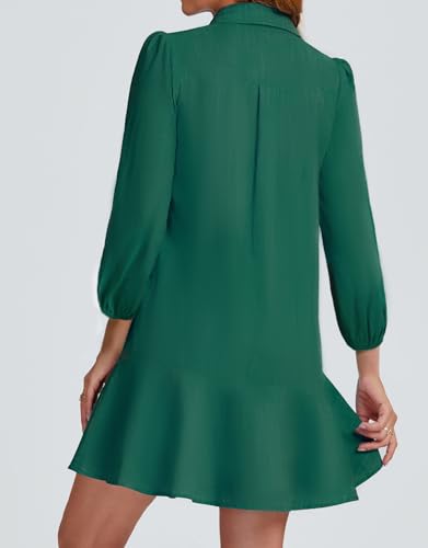Image of YEXPINE Women Button Down Dress Casual 3 /4 Puff Sleeve Cotton Linen Dress Flowy Ruffle Hem Tunic Shirt Dresses