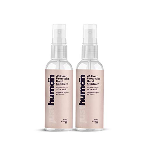 JustHuman 24 Hour Protection Hand Sanitizer Spray- 99.99% Effective Against Germs -70% Alcohol,Made With Usa Technology, Protective Bionic Shield, Skin Friendly And Safe For Kids (Pack Of 2, 50 Ml)