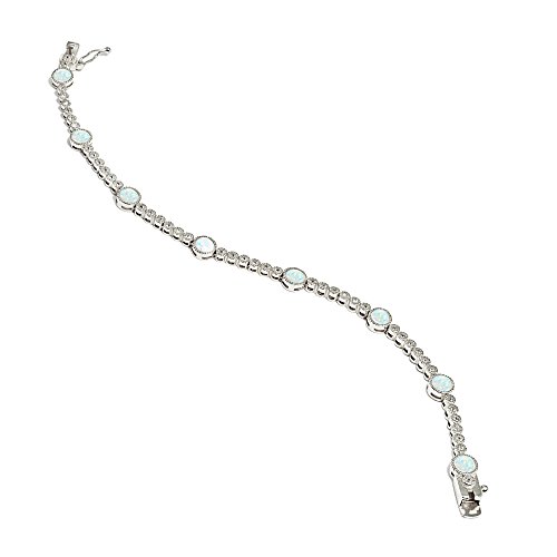 Sterling Silver Synthetic White Opal & Topaz Round Halo Tennis Bracelet #TOP3