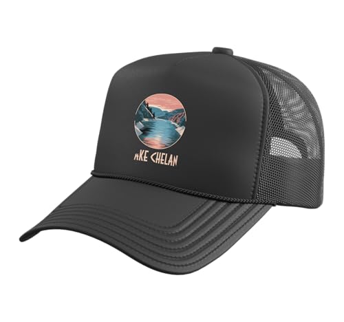 Lake Chelan Scenic View Retro Landscape Trucker Hat with Adjustable Mesh Back, Black