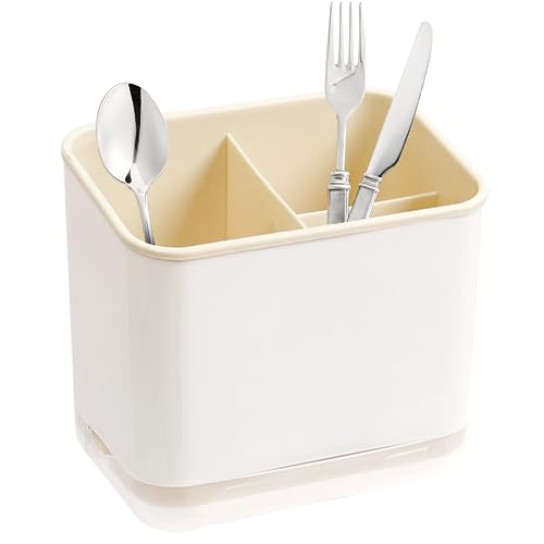 XFLYP Egouttoir à Couverts, Fourchette Cuillère Organisateur Rack Avec 3 Compartiments avec Égouttoir, pour Couteau et Fourchette, Cuillère, Panier de Séchage pour évier (Jaune)