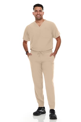Hey Collection Men Scrubs Set Stretch V-Neck Scrub Top with 2 Chest Pocket & Jogger Pant with 6 Pockets Scrubs for Men
