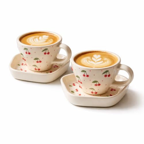 Image of OCEAN STORE Ceramic Cherry Print Tea Cup with Saucer 250 ml | Aesthetic Coffee Cup Set | Cute Printed Ceramic Mug | Glossy Finish Cup for Home, Office & Cafe (1)