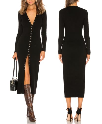 Capuffy Women's Button Down Sweater Maxi Dress Long Sleeve Open Front Long Cardigan Dress V Neck Fall Knit Bodycon Dresses 88(Black,S)