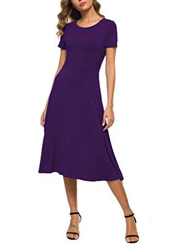 Image of EXCHIC Women's Casual Round Neck Short Sleeve Midi Dress Solid Stretchy Waist Knee Long Dress