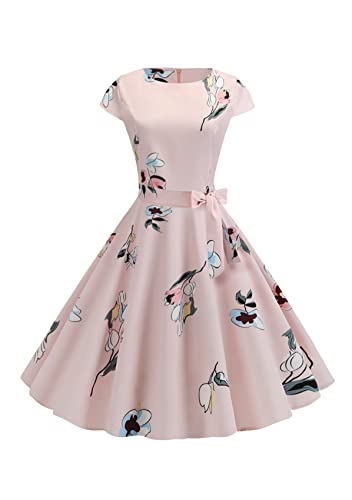 Yming Frauen Vintage Cocktailkleid Kurze Ärmel Kleid Audrey Hepburn Midi Kleid Hellrosa Blume M
