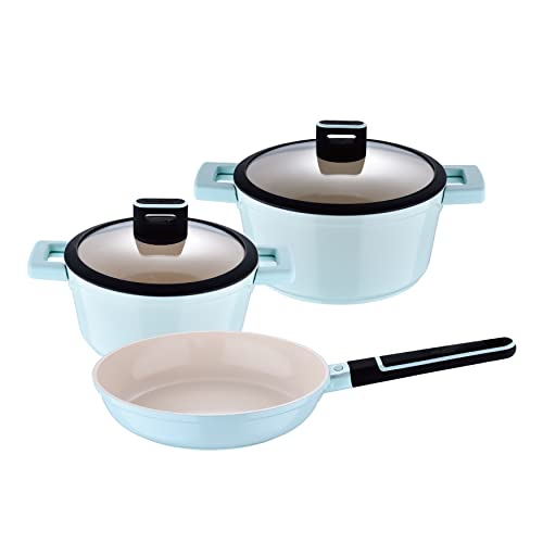 San Ignacio - Bateria De Cocina 5 Piezas De Aluminio Fundido En Color Azul Colección Cosy En Oferta San Ignacio Cosy - Bateria De Cocina De 5 Piezas De Aluminio Fundido, Cacerolas Con Tapa De 20 Y 24 Cm Y Sartén Antiadherente De 24 Cm, Agarres Ergonómicos, Azul Pastel