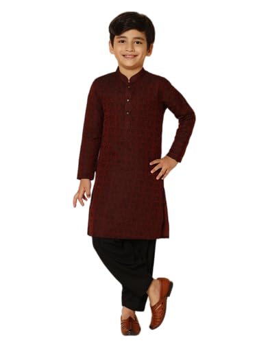 Image of KISAH Kid's Full Sleeves Silk Blend Knee Length Woven Design Maroon Kurta Patiala Set (3-4Y)