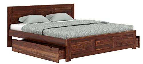 Image of WOODLAB Furniture Sheesham Wood King Size Bed with 2 Side Drawer Storage Wooden Double Bed Palang for Bedroom Living Room (Honey Finish)