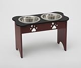 2 qt. 15 in. Tall High Double Poly Wood Dog Bowl with 2 Stainless Steel Bowls Black Top & Cherrywood Base