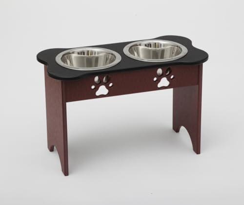 2 qt. 15 in. Tall High Double Poly Wood Dog Bowl with 2 Stainless Steel Bowls Black Top & Cherrywood Base