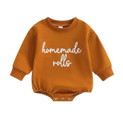 Thanksgiving Baby Girl Boy Outfit Newborn Bubble Romper Fall Winter Infant Long Sleeve Sweatshirt Top Cute Clothes (A Homemade Rolls Brown,3-6 Months)