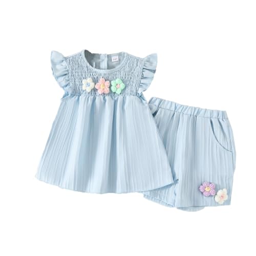 UUAISSO Robes pour Filles T-shirts à Volants à Fleurs Haut et Shorts ensembles de Vêtements d'Été Mignon 9M-4 ans, bleu ciel, 12-18 mois