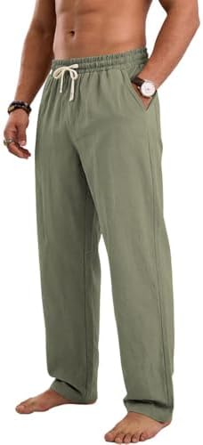 Herren Leinenhose Sommerhose mit Kordelzug Leicht Loose Fit Strandhose Lockere Freizeithose Lässige Baumwollhosen