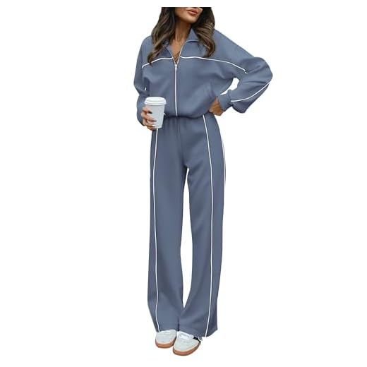 BTFBM Women's Two Piece Tracksuit Fall 2024 Long Sleeve Zip Up Sweatshirt Long Pants Outfits Jogger Sweatsuit Sets(Solid Grey Blue,Medium)