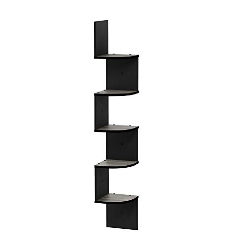 Image of Furinno Rossi Wall Mount Floating Corner Shelf, 5-Tier Radial, French Oak Grey /Black
