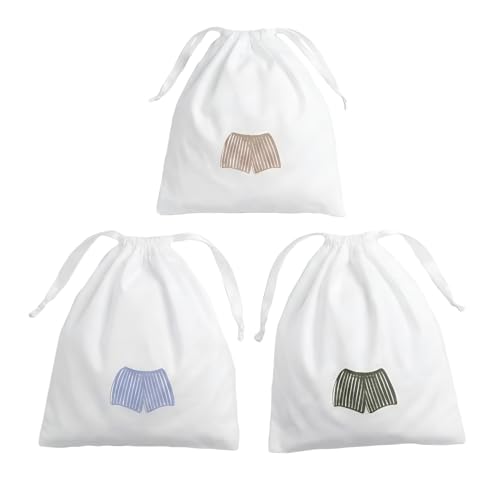 Image of Lingerie Drawstring Bags Set of 3, 15x15 inch, 100% Pure Cotton, Blue Embroidery Pattern Pouch for Underwear, Swimwear, Travel Storage, Washable Beach Bags for Men (White)