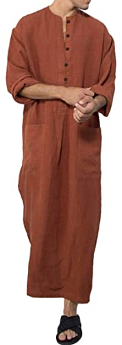 AIEOE Men's Kaftan Long Sleeve Button Up V-Neck Linen Robes with Pockets Long Gown Casual Shirt for Beach Summer