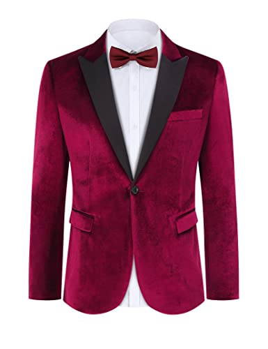 TURETRENDY Men's Velvet Blazer One Button Solid Wedding Tuxedo Slim Fit Luxury Velour Suit Jacket for Dinner,Prom,Party, Red, L