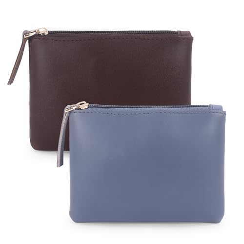 Image of Small Vegan Leather Coin Purse Pouch, Minimalist Zipper Wallet Set in Black and Beige, Compact Money Organizer, Makeup Pouch (Brown-Grey)