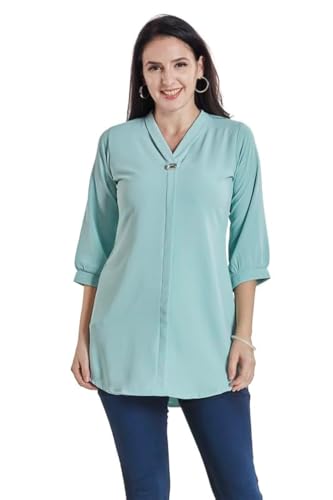 Image of nioni Women's Purple Poly Linen Blend Tunic Top with 3 /4 Sleeves, Printed Yoke, Kantha Stitch Detailing & Mandarin Collar