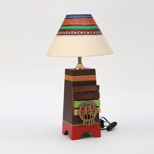 Image of AAKRITI ART CREATIONS Pyramid Wooden Table Lamp in Brown with Brass Motifs & Tribal Paintings with White Shade | Madhubani Art | Multi Color Wooden Lamp | Matte Finish Home Decor Lamp