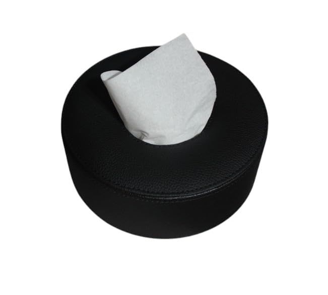 Image of PU Leather Tissue Box Cover, Round Facial Tissue Holder & Napkin Dispenser for Home, Office & Car, Black with Matching Black Stitching, 16 x16 x 6 cm