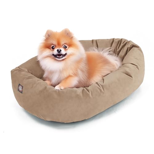 Image of Majestic Pet Suede Shredded Memory Foam Mix Calming Dog Bed Washable - Cozy Soft Round Dog Bed with Spine for Head Support - Fluffy Donut Dog Bed, 24 Inch, Stone