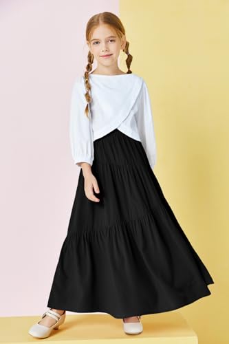 Haloumoning Girls Elastic High Waist Maxi Skirt Boho A-Line Tiered Pleated Long Skirts With Pockets 5-14 Years Black thumb #4