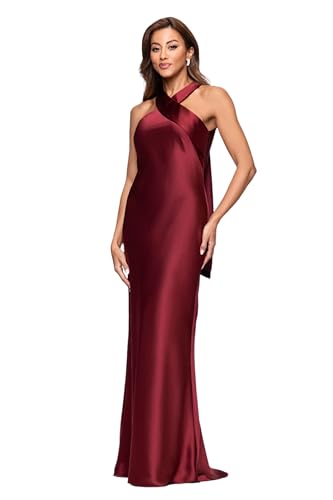 Image of Xscape Women's Floor Length Satin Halter Gown with Crisscross Neckline, Tie Back Sash and Sheath Silhouette, Wine, 6