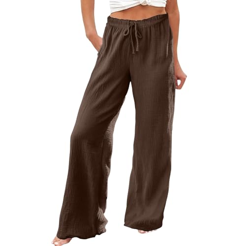 Flowy Pants for Women Elastic Waist Wide Leg Trousers Lightweight Linen Blend Casual Summer Beachwear Relaxed