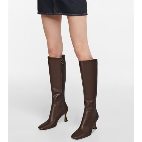 Image of Dsevht Black Leather Knee High Boots for Women Stiletto Kitten Heeled Sexy Boots Square Toe and Side Zipper Design Fashion Dress Boots