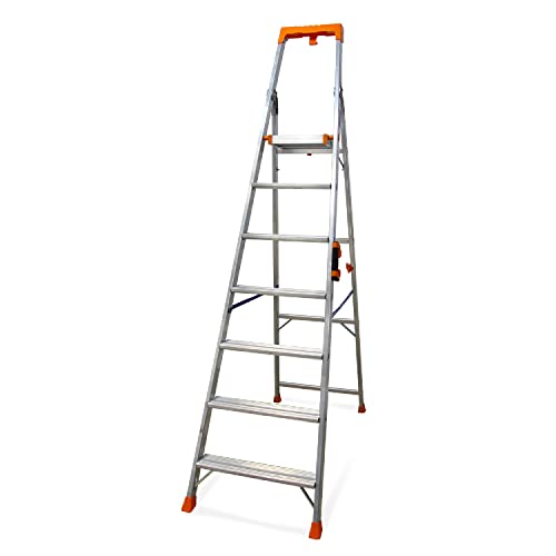 KELI - Échelle Pliable, Escabeau, Marchepied, Fabriqué en Aluminium, Qualité Professionnelle, Poignée de Transport Confort, Porte Outils ABS (7 Marches (Travail à...