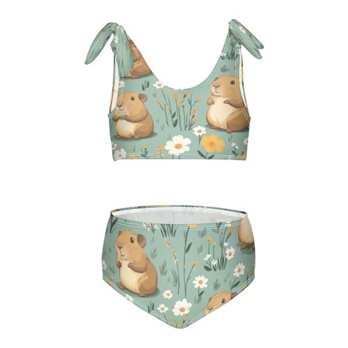 Capybara Daisy Mint Green Girls Tankini Swimsuit Kids Bikini Sets 2 Pcs Bathing Suit 3T