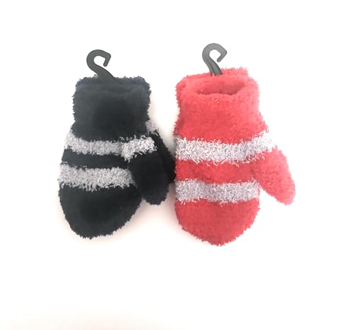 Cozy Winter Mittens with Striped Design, Soft Fuzzy Material, Available in Blue, Black, Red3