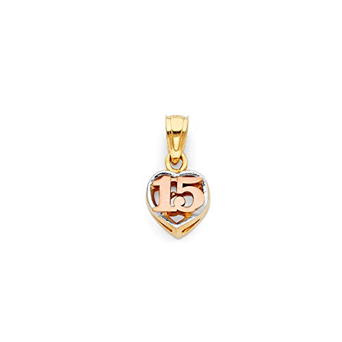 Ioka 14K Tri Color Gold Sweet 15 Years Quinceanera Heart Charm Pendant with 1.5mm Valentino Chain Necklace2