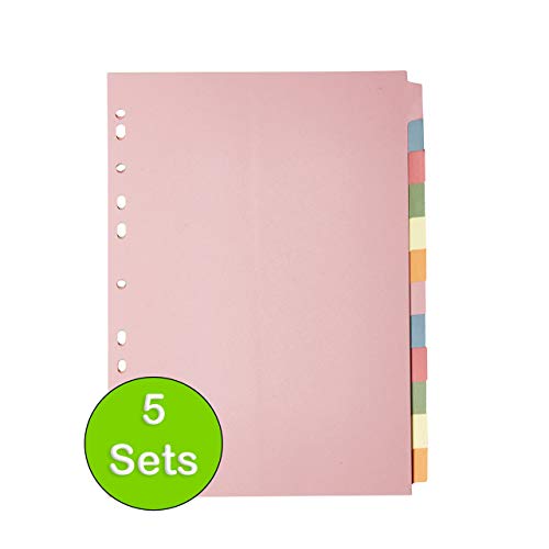 [5 Pack] A4 File Dividers 12 Part | A4 Subject Dividers 12 Part Card Folder Dividers Multi Hole Punched in Assorted Colours | Fit All A4 Portrait File Dividers (5)