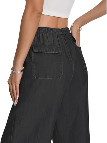 Image of TOPLOT Woman's Wide Leg Drawstring Trousers with Elastic Waist | Relaxed Fit Casual Pants with Pockets | Comfortable Everyday Wear for Travel and Office Wear (5251)