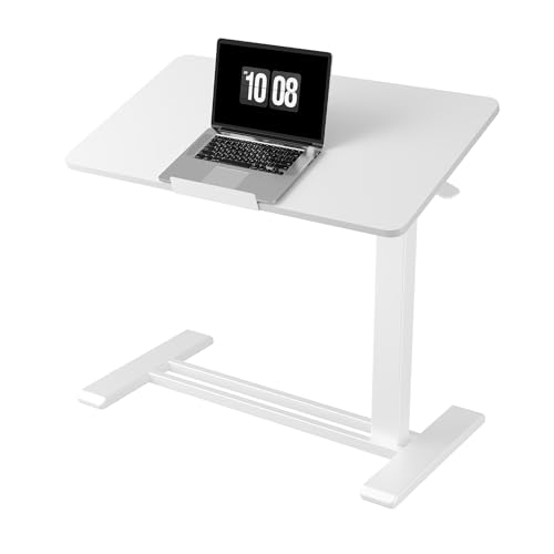 FLEXISPOT H7 PRO Mobile Standing Desk Adjustable Overbed Table Pneumatic with Wheels 90°Tiltable Portable Laptop Desk Rolling Computer Cart Foldable Bedside Table(31.5' W x 17.7' D, White)