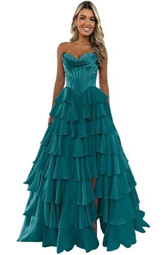 Meleg ölelés Teal Tiered Prom Dress Layered Ruffle Corset Cowl Neck A Line Dress Long Ball Gown Floor Length Formal Evening Gowns 22W