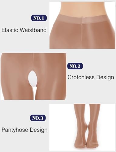 Image of FEOYA Women's Open Crotch Oil Shiny Pantyhose High Waist Control Top Silky Oily Crotchless Footed Tights Stockings
