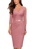 MIUSOL Women's Vintage Lace V-Neck 3/4 Sleeves Cocktail Party Formal Wedding Guest Work Bodycon Dress (Medium, Dusty Pink)