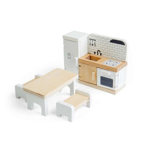 Bigjigs Toys Kitchen Set | Wooden Dolls House Furniture | Room Accessories for Kids Doll Houses | Toy Dollhouse Fridge, Oven, Sink & Dining Table | Educational Playset | Gift for 3+ Year Old Children