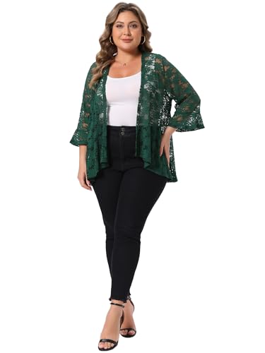 Image of Agnes Orinda Women Plus Size Open Front Lace Cardigans | 3 /4 Bell Sleeve Sheer Formal Bolero Shrugs Lightweight Floral Crochet Cover Up