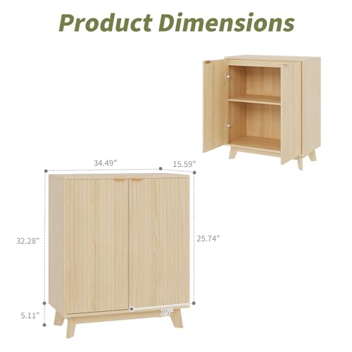 Sideboard Buffet Cabinet with Storage, Modern Fluted Accent Credenza with Doors & Adjustable Shelves, 31.5" Wood Coffee Bar Console Table for Living Room, Dining Room, Kitchen, Entryway, Natural Oak