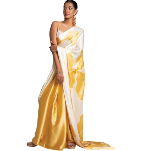 Image of Japan Satin Floral Print Saree for Women with Blouse Piece - Satin Finish Draped Saree