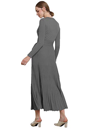 Image of Women's Long Knit Crewneck Sweater Dress Tie Waist A-Line Swing Pleated Bodycon