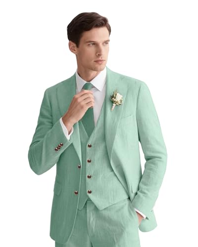 Retro Linen Mens Suit Slim Fit 3 Piece Men Suits Set Linen Tuxedos Blazer Vest Pants Set Groom Wedding Outfit Prom